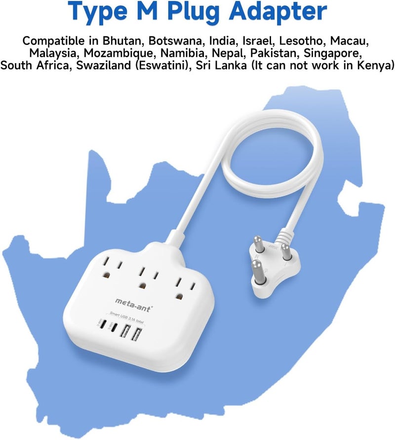 meta-ant South Africa Plug Adapter, Type M Adapter for South Africa with 3 AC Outlets & 4 USB Ports(2 USB C) 15.5W, 3FT Extension Cord, Africa Travel Essentials for USA to South Africa Namibia Nepal Malaysi - Image 2